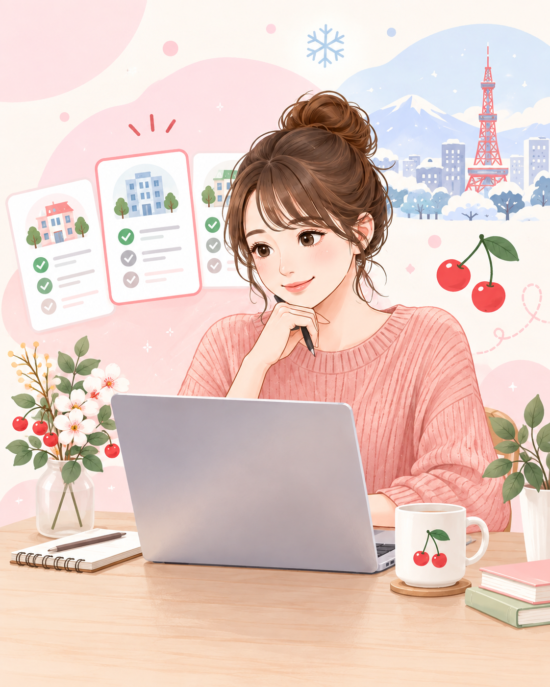 ノートパソコンで札幌の代理店情報を比較する女性のイラスト